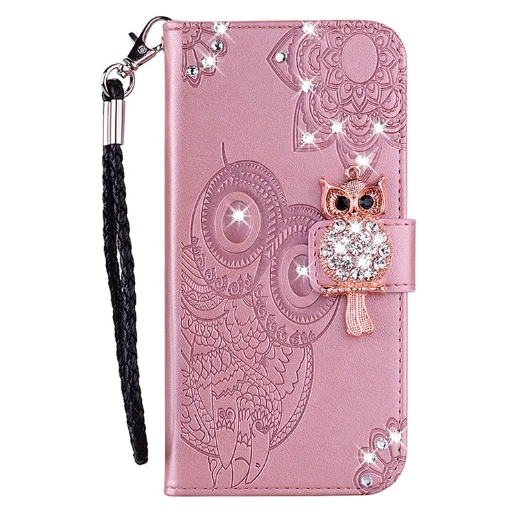 Per Samsung Galaxy A25 5G (Global) (161,0 x 76,5 x 8,3 mm) Custodia Owl Imprint Rhinestone Decor Leather Phone Wallet Cover - Rose Gold