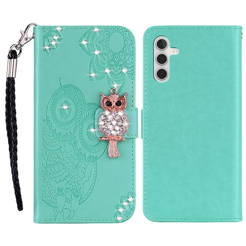 Per Samsung Galaxy S23 FE Case Owl Flower Imprinted Rhinestone Leather Phone Stand Cover - Cyan