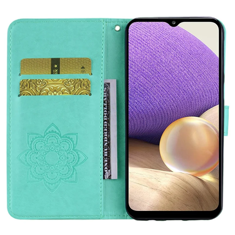 Per Samsung Galaxy S23 FE Case Owl Flower Imprinted Rhinestone Leather Phone Stand Cover - Cyan