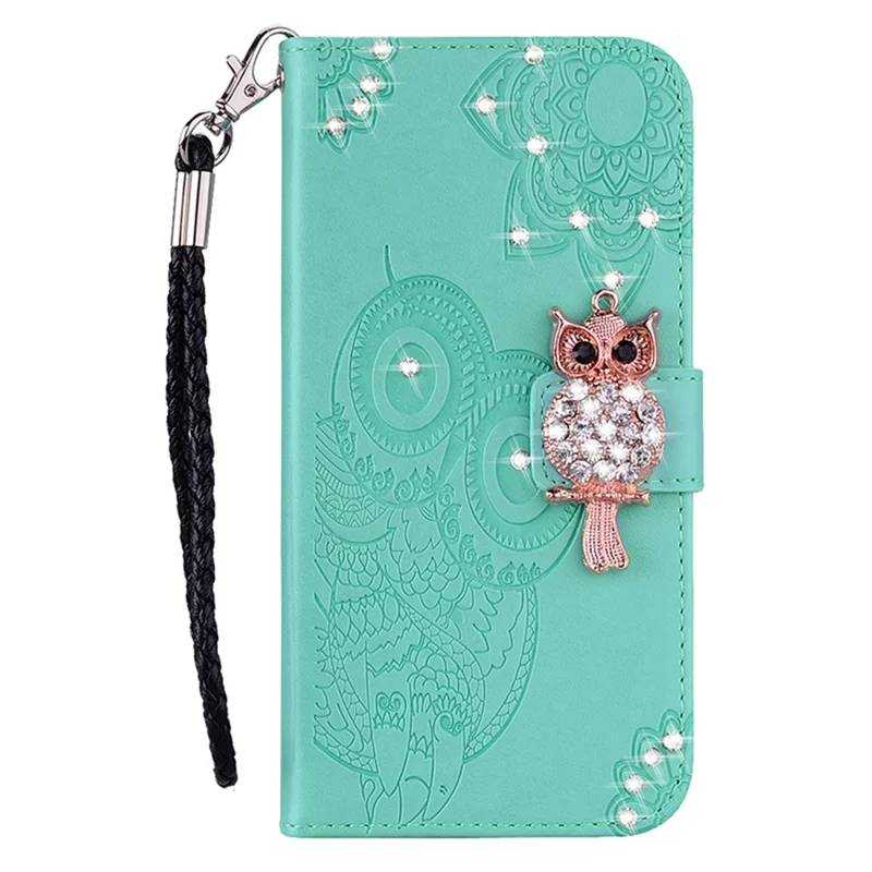 Per Samsung Galaxy S23 FE Case Owl Flower Imprinted Rhinestone Leather Phone Stand Cover - Cyan