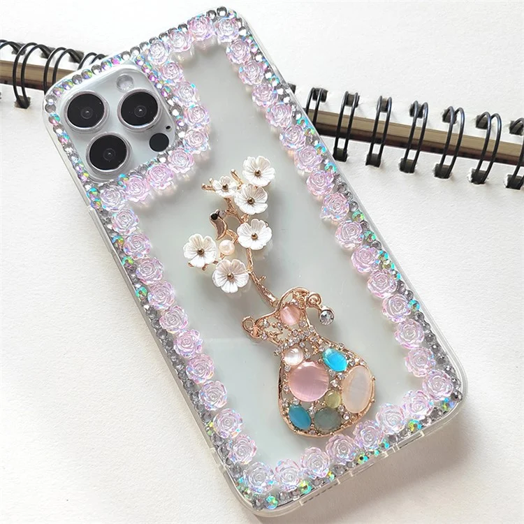 For iPhone 15 Pro Max Case Rhinestone Decor Slim-Fit Phone Cover PC Phone Shell