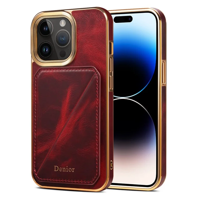 DENIOR Funda para iPhone 14 Pro de piel de vaca genuina encerada + TPU + protector posterior de PC - Rojo