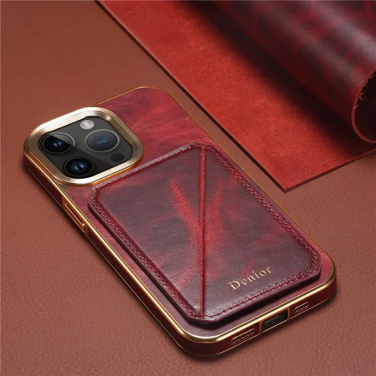 DENIOR Funda para iPhone 14 Pro de piel de vaca genuina encerada + TPU + protector posterior de PC - Rojo
