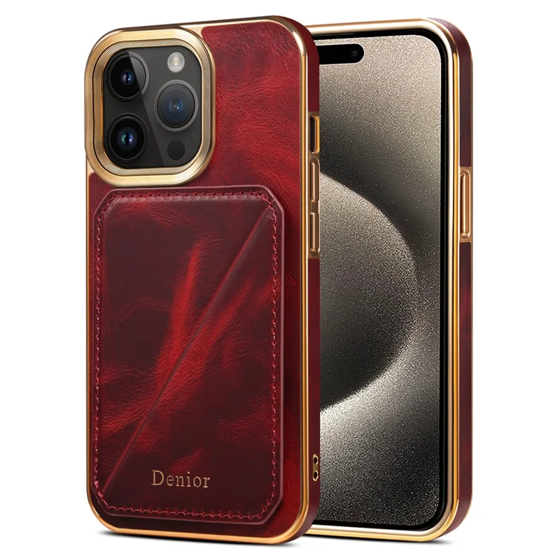 DENIOR For iPhone 15 Pro Case Drop-proof Waxy Genuine Cow Leather+TPU+PC Cover - Red