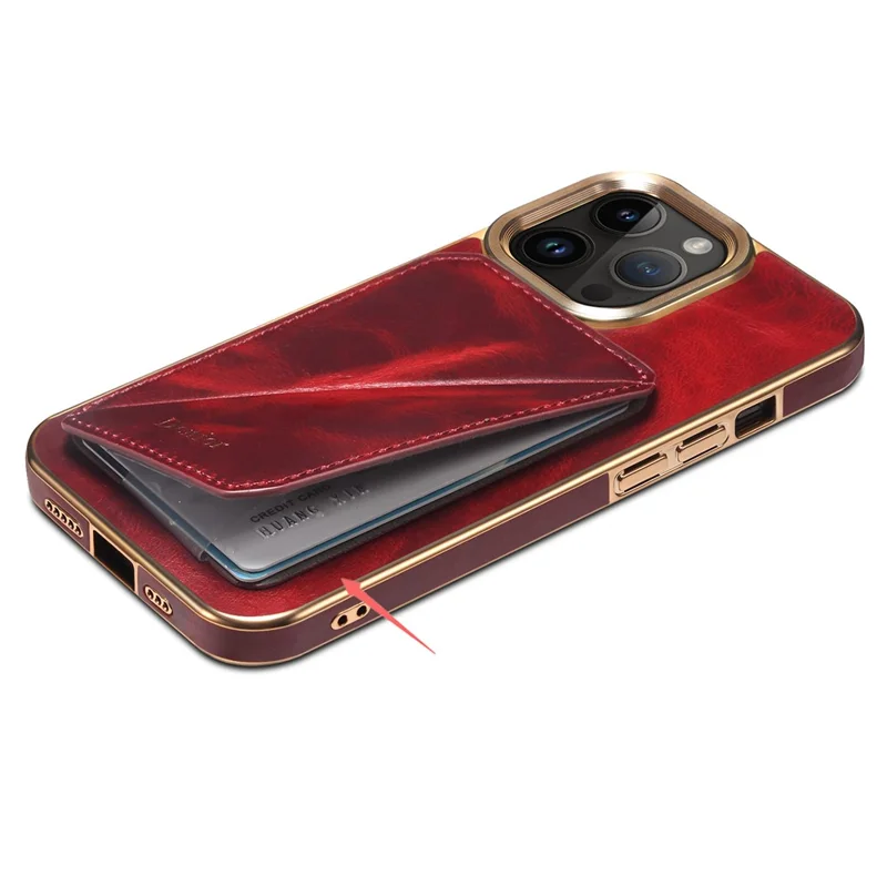 DENIOR For iPhone 15 Pro Case Drop-proof Waxy Genuine Cow Leather+TPU+PC Cover - Red
