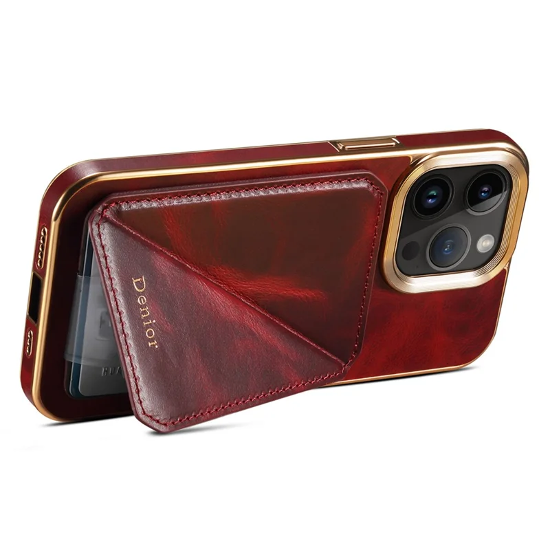 DENIOR For iPhone 15 Pro Case Drop-proof Waxy Genuine Cow Leather+TPU+PC Cover - Red