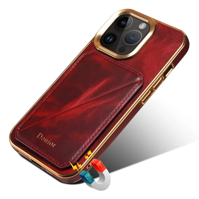 DENIOR For iPhone 15 Pro Case Drop-proof Waxy Genuine Cow Leather+TPU+PC Cover - Red