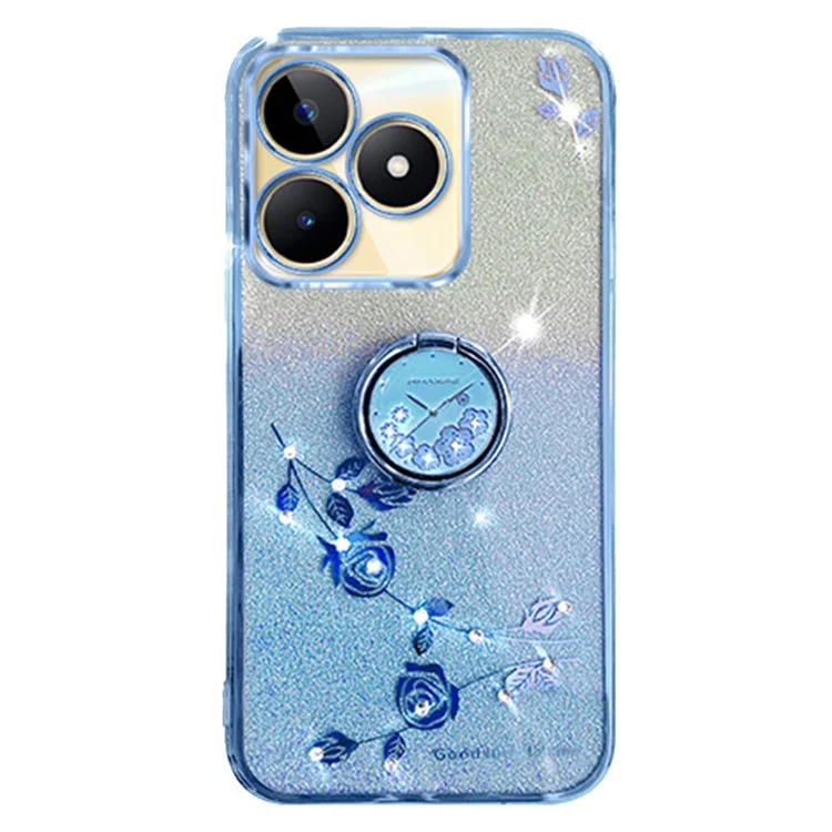 KADEM For Realme C53 (Global) / C53 (India) / C51 / Narzo N53 4G Case Glitter Flower Pattern TPU Cover with Ring Kickstand - Blue