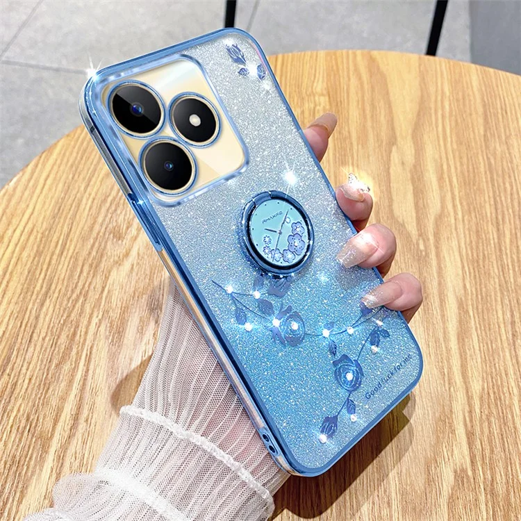 KADEM For Realme C53 (Global) / C53 (India) / C51 / Narzo N53 4G Case Glitter Flower Pattern TPU Cover with Ring Kickstand - Blue