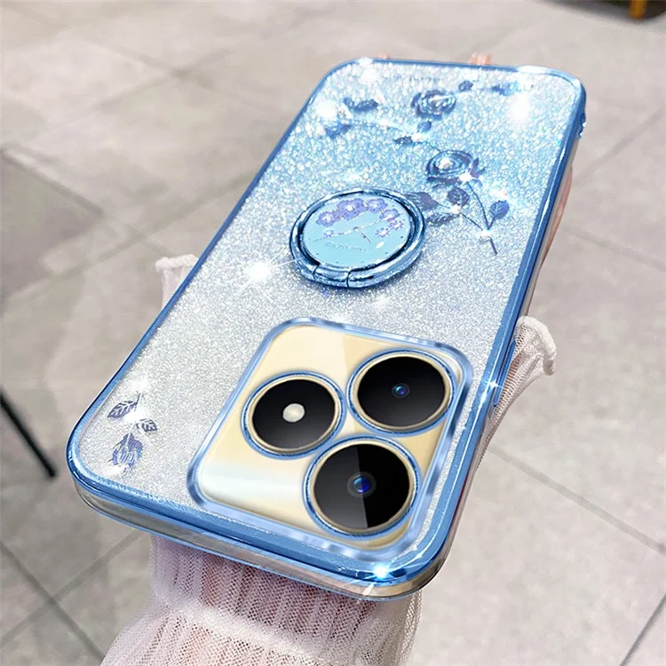 KADEM For Realme C53 (Global) / C53 (India) / C51 / Narzo N53 4G Case Glitter Flower Pattern TPU Cover with Ring Kickstand - Blue