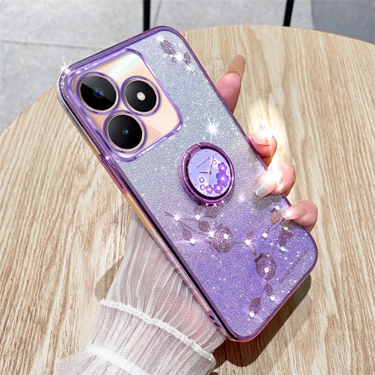 KADEM For Realme C53 (Global) / C53 (India) / C51 / Narzo N53 4G Case Glitter Flower Pattern TPU Cover with Ring Kickstand - Purple