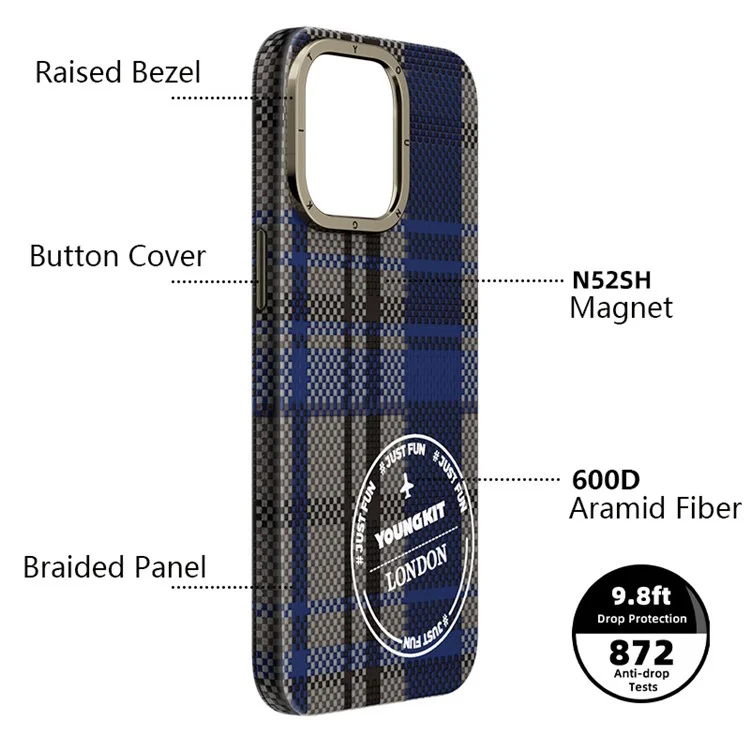 Youngkit Для Iphone 15 Pro Max Case, Совместимый с Magsafe 600D Aramid Fibre Phone Case - Синий