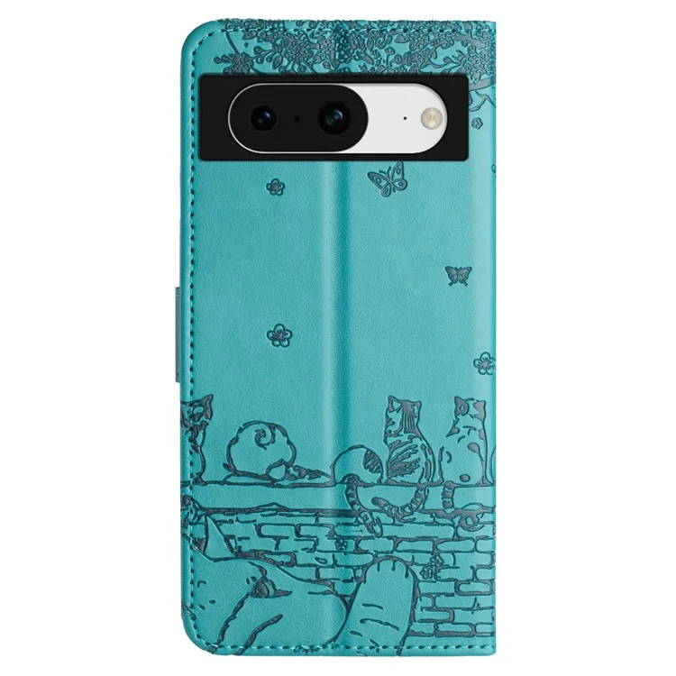 Pour la couverture du Google Pixel 8 Leather Stand Wallet Wall Cats Imprinted Phone Case avec sangle - Bleu