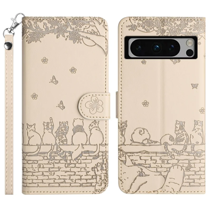 For Google Pixel 8 Pro Case Wall Cats Imprinted PU Leather Wallet Phone Cover with Strap - Apricot