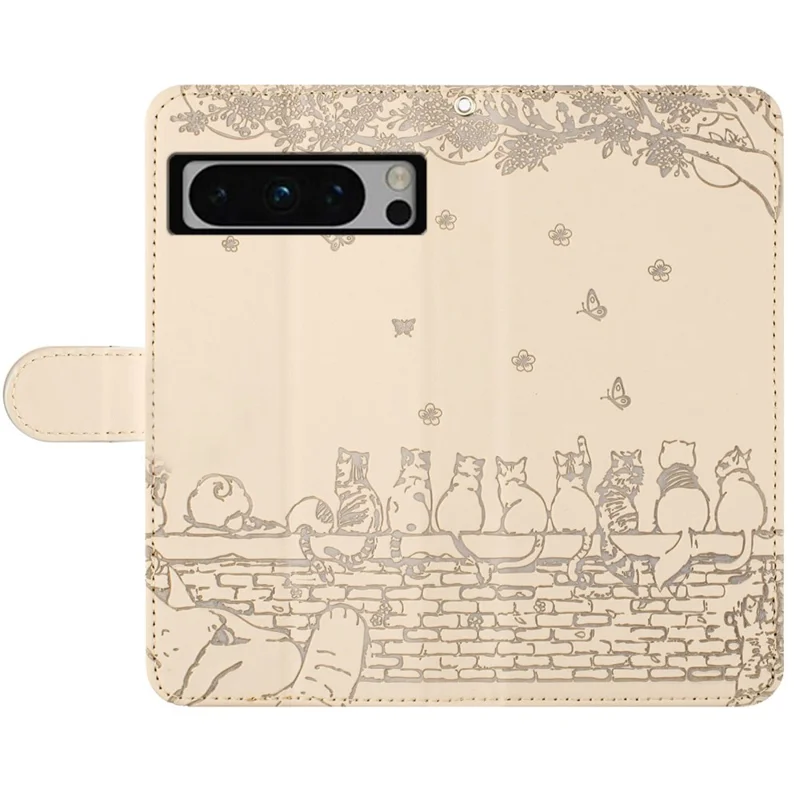 For Google Pixel 8 Pro Case Wall Cats Imprinted PU Leather Wallet Phone Cover with Strap - Apricot