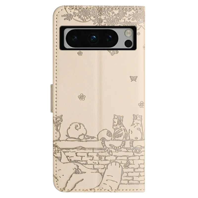 For Google Pixel 8 Pro Case Wall Cats Imprinted PU Leather Wallet Phone Cover with Strap - Apricot