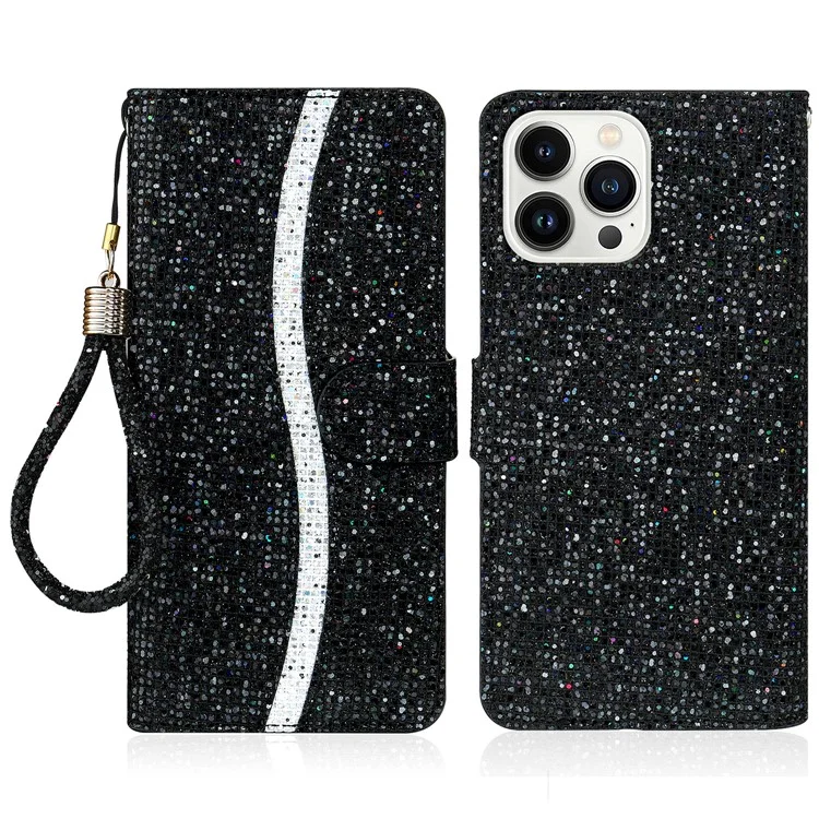 For iPhone 15 Pro Max Mobile Phone Stand Case Glitter Splicing PU Leather Wallet Cover with Strap - Black