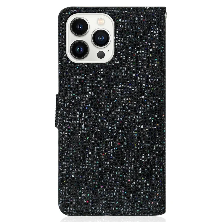 For iPhone 15 Pro Max Mobile Phone Stand Case Glitter Splicing PU Leather Wallet Cover with Strap - Black