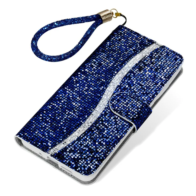 For iPhone 15 Pro Max Mobile Phone Stand Case Glitter Splicing PU Leather Wallet Cover with Strap - Blue