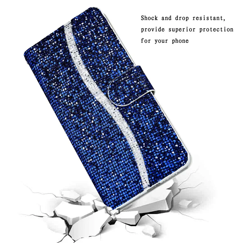 For iPhone 15 Pro Max Mobile Phone Stand Case Glitter Splicing PU Leather Wallet Cover with Strap - Blue