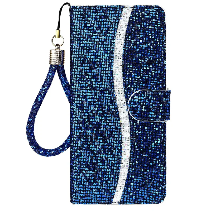 For iPhone 15 Pro Max Mobile Phone Stand Case Glitter Splicing PU Leather Wallet Cover with Strap - Blue