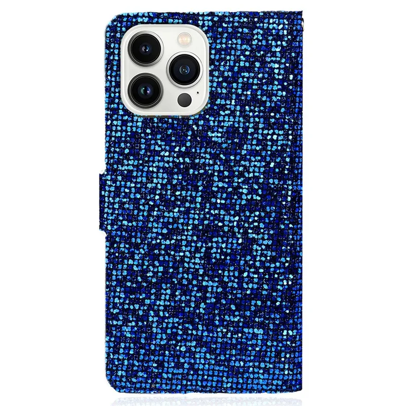 For iPhone 15 Pro Max Mobile Phone Stand Case Glitter Splicing PU Leather Wallet Cover with Strap - Blue