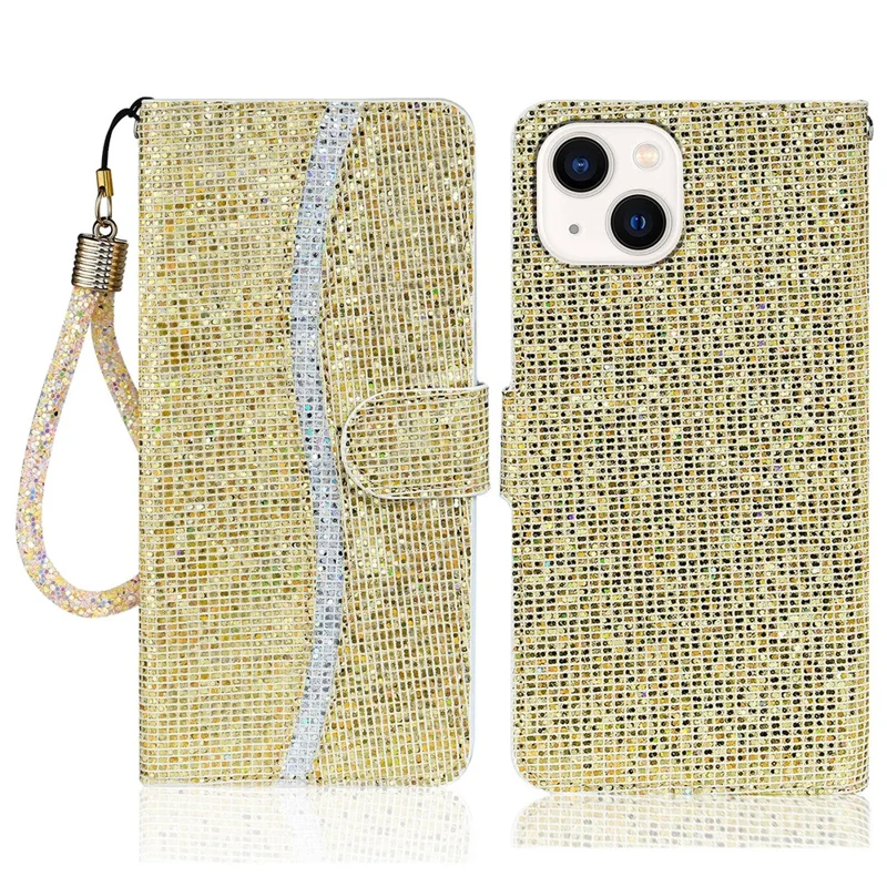 For iPhone 15 Plus Hoesje met Portemonnee van PU-leer met Stand en Glitter en Steekdesign met Riempje - Goud