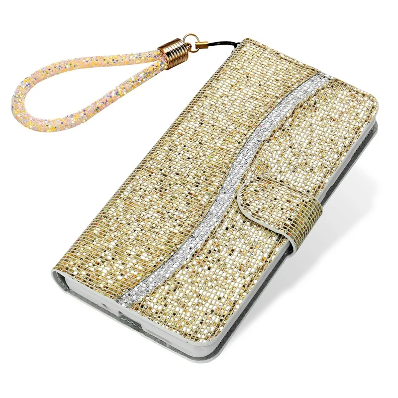 For iPhone 15 Plus Hoesje met Portemonnee van PU-leer met Stand en Glitter en Steekdesign met Riempje - Goud