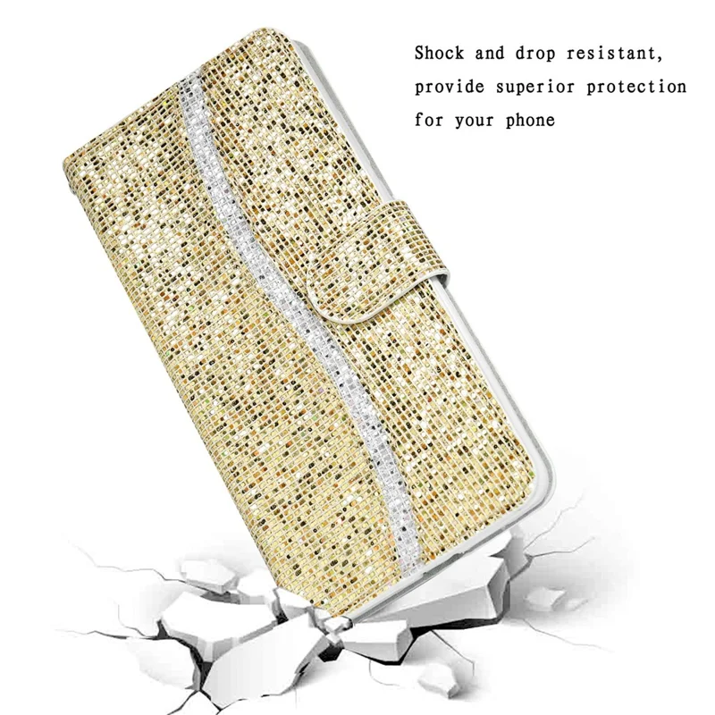 For iPhone 15 Plus Hoesje met Portemonnee van PU-leer met Stand en Glitter en Steekdesign met Riempje - Goud