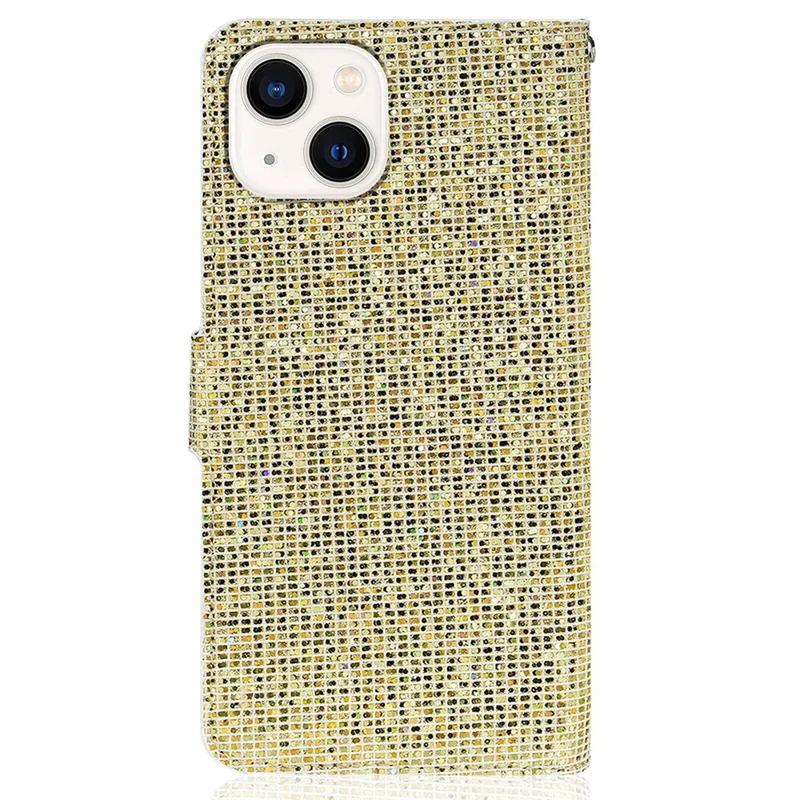 For iPhone 15 Plus Hoesje met Portemonnee van PU-leer met Stand en Glitter en Steekdesign met Riempje - Goud