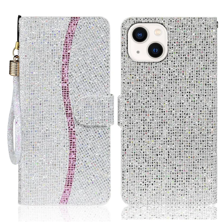 PU Leather Wallet Cover for iPhone 15 Case Stand Glitter Splicing Phone Shell with Strap - Silver