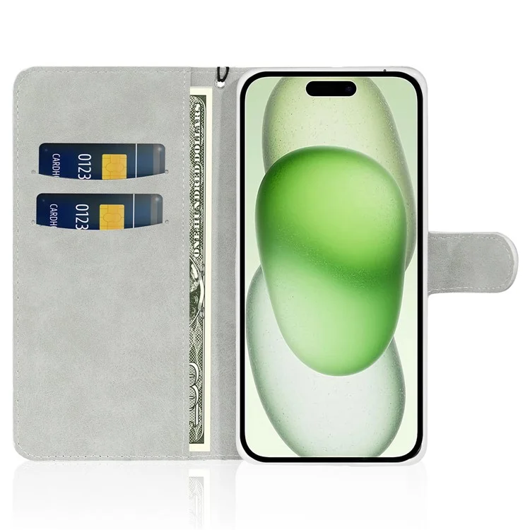 PU Leather Wallet Cover for iPhone 15 Case Stand Glitter Splicing Phone Shell with Strap - Silver