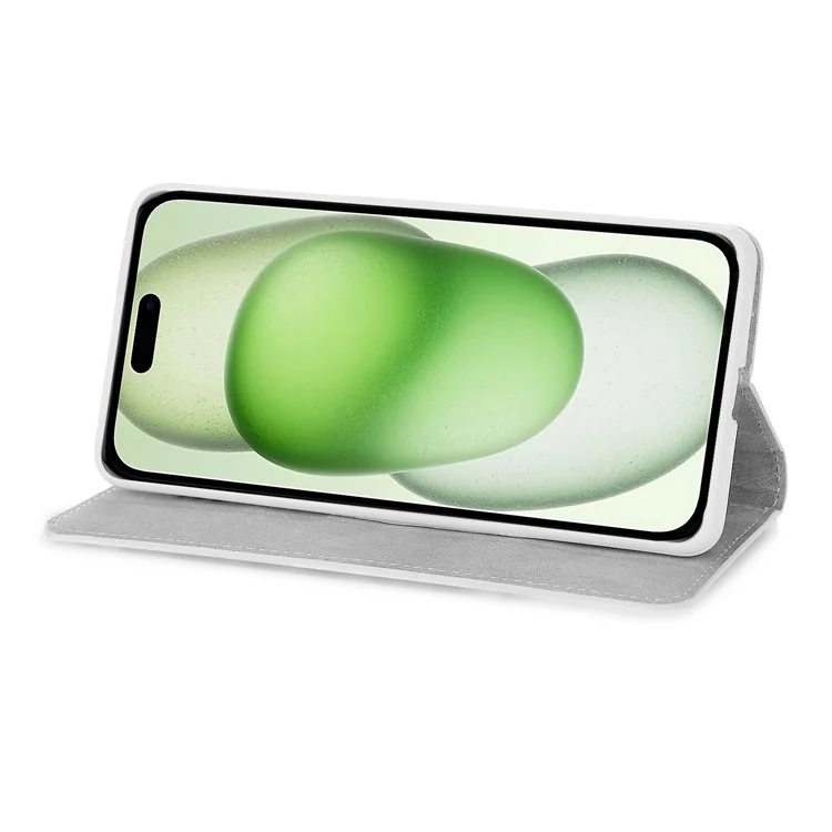 PU Leather Wallet Cover for iPhone 15 Case Stand Glitter Splicing Phone Shell with Strap - Silver