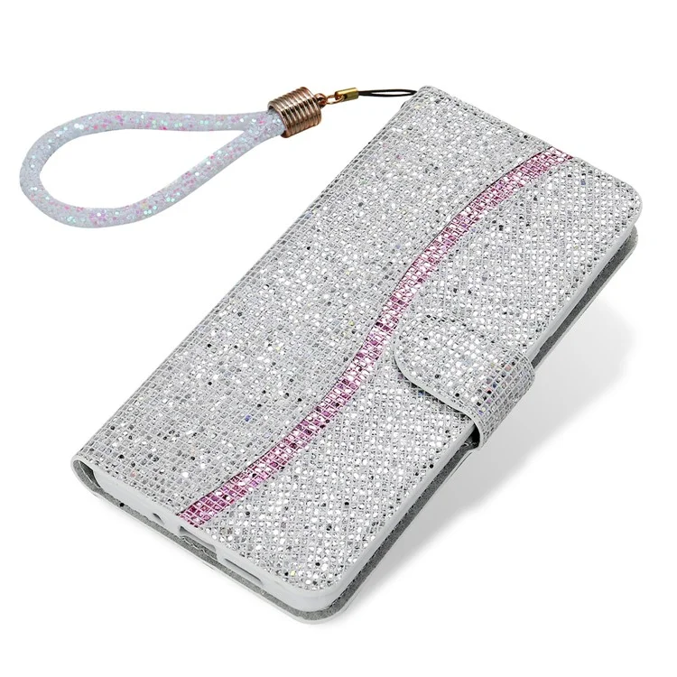 PU Leather Wallet Cover for iPhone 15 Case Stand Glitter Splicing Phone Shell with Strap - Silver