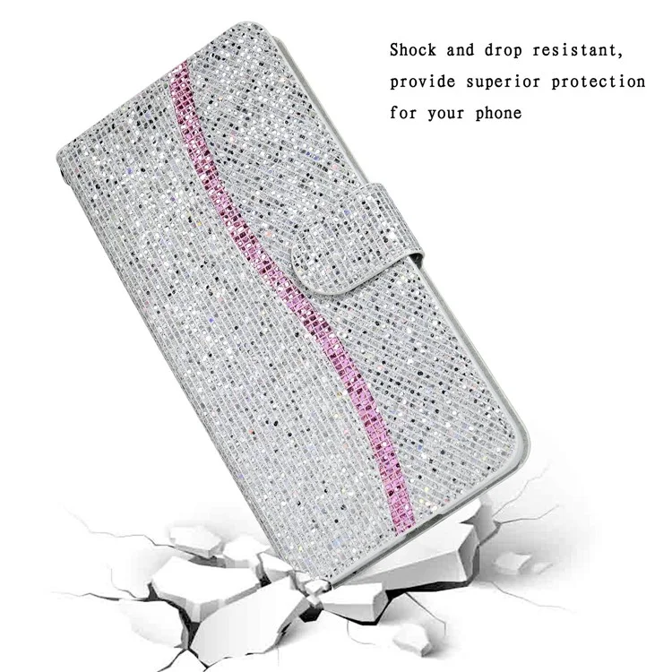 PU Leather Wallet Cover for iPhone 15 Case Stand Glitter Splicing Phone Shell with Strap - Silver