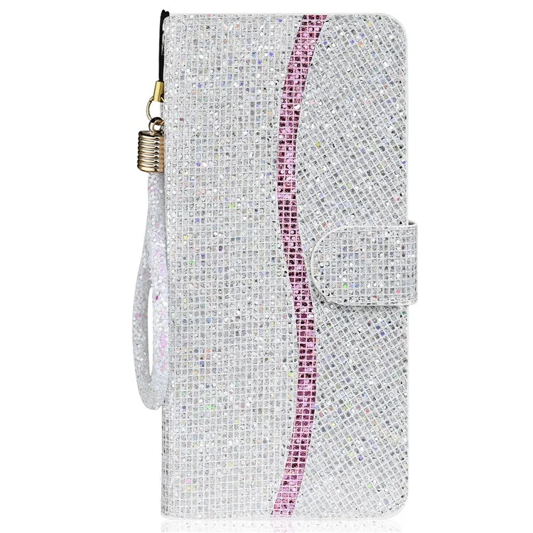 PU Leather Wallet Cover for iPhone 15 Case Stand Glitter Splicing Phone Shell with Strap - Silver