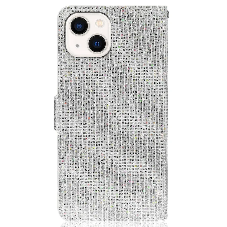 PU Leather Wallet Cover for iPhone 15 Case Stand Glitter Splicing Phone Shell with Strap - Silver