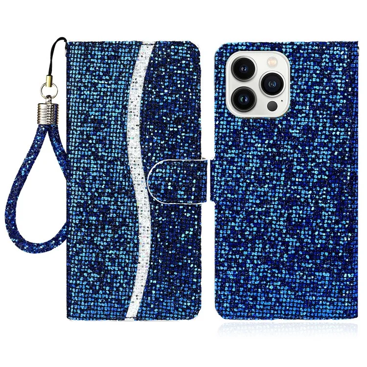 Per iPhone 15 Pro Glitter PU Leather Wallet Cover Stand Mobile Splicing Phone Case con Cinghia - Blu