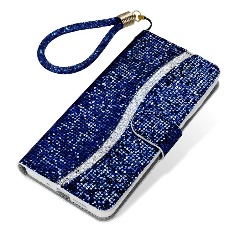 Per iPhone 15 Pro Glitter PU Leather Wallet Cover Stand Mobile Splicing Phone Case con Cinghia - Blu