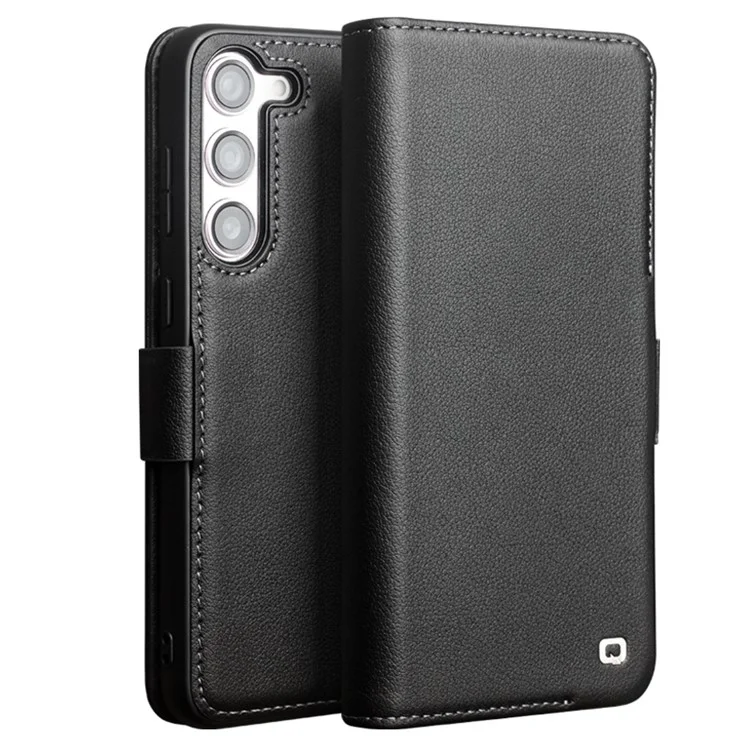 QIALINO For Samsung Galaxy S22 5G Case Genuine Cow Leather Phone Cover - Black