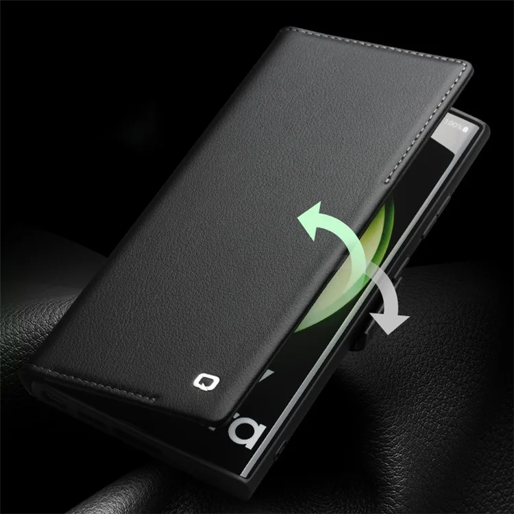 QIALINO For Samsung Galaxy S22 5G Case Genuine Cow Leather Phone Cover - Black
