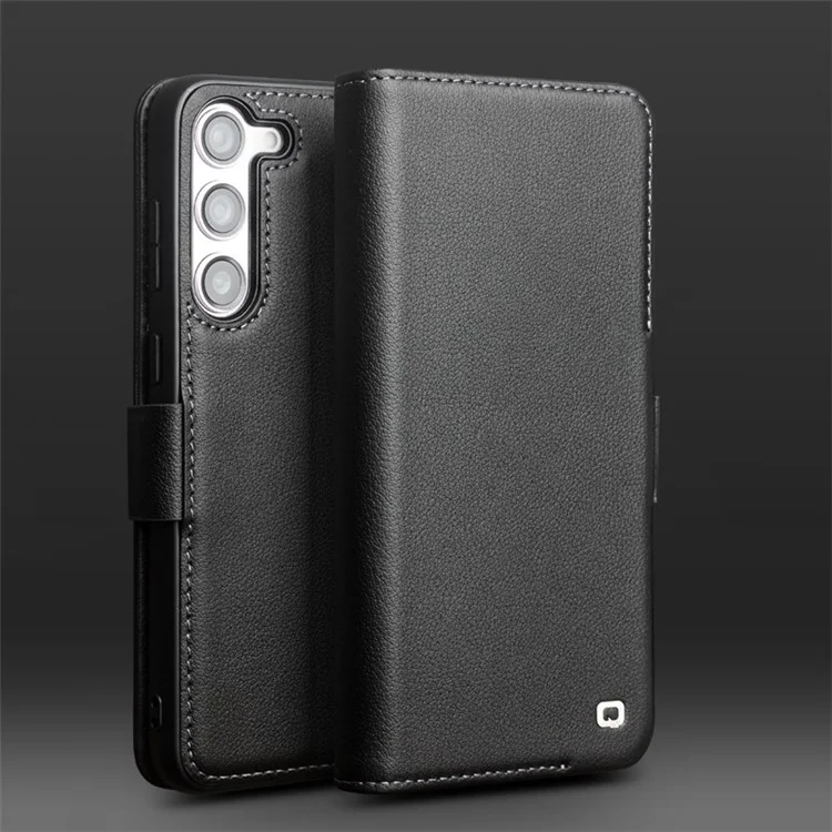 QIALINO For Samsung Galaxy S22 5G Case Genuine Cow Leather Phone Cover - Black