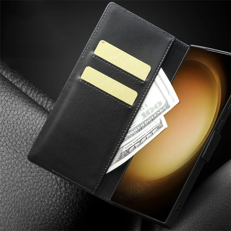 QIALINO For Samsung Galaxy S23+ Case Genuine Cow Leather Cover with Wallet Stand - Black