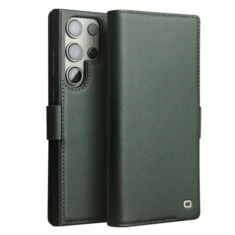 Qialino Pour Samsung Galaxy S23 Ultra Case Portefeuille Authentique Couverture en Cuir de Vache - Vert
