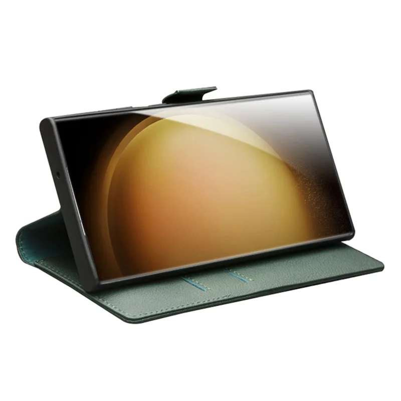 Qialino Pour Samsung Galaxy S23 Ultra Case Portefeuille Authentique Couverture en Cuir de Vache - Vert