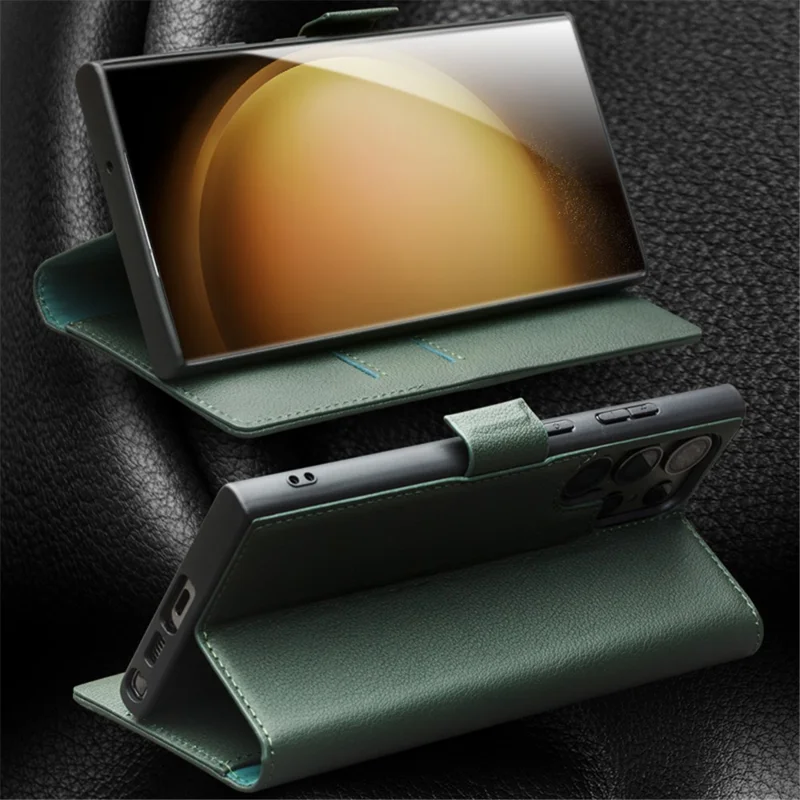 Qialino Pour Samsung Galaxy S23 Ultra Case Portefeuille Authentique Couverture en Cuir de Vache - Vert