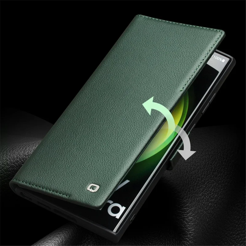 Qialino Pour Samsung Galaxy S23 Ultra Case Portefeuille Authentique Couverture en Cuir de Vache - Vert