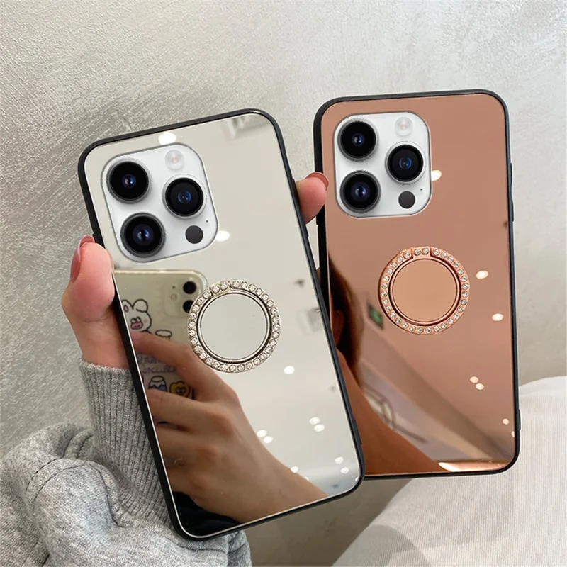 For iPhone 15 Pro Max Case Mirror Surface TPU + PC Anti-scratch Phone Kickstand Cover - Silver