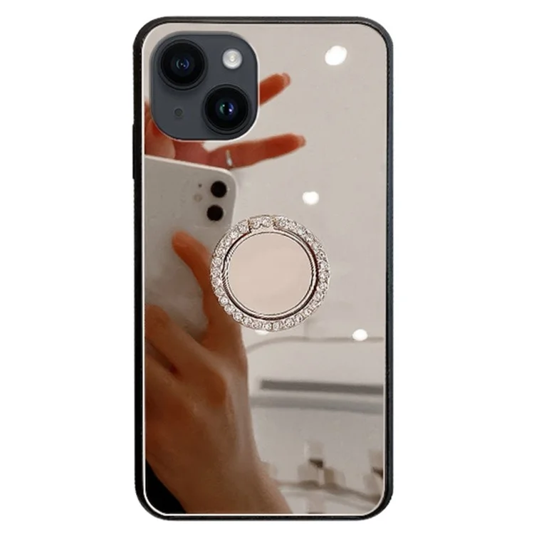 For iPhone 15 Case Mirror Surface TPU + PC Phone Back Cover with Ring Kickstand - Silver