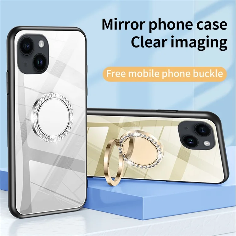 For iPhone 15 Case Mirror Surface TPU + PC Phone Back Cover with Ring Kickstand - Silver